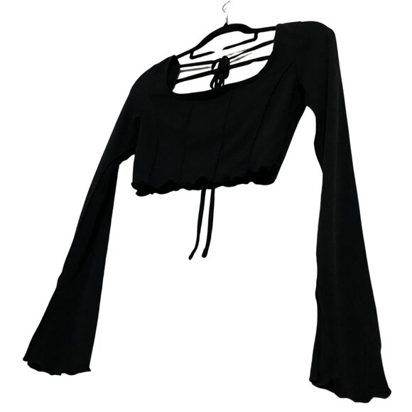 2 for $15 Shein Black Lettuce Trim Bell Sleeve Crop Top Small | Square Neck Y2K - Picture 4 of 11